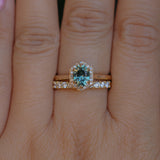 1.11ct Oval Untreated Montana Sapphire Hexagon Diamond Halo Stackable Ring in 14k Yellow Gold
