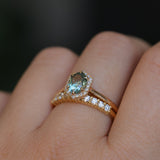 1.11ct Oval Untreated Montana Sapphire Hexagon Diamond Halo Stackable Ring in 14k Yellow Gold