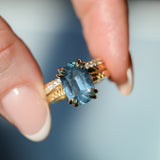 4.25ct Antique Style Elongated Cushion Untreated Montana Sapphire Vine Cathedral Four Prong Ring in 18k Yellow Gold