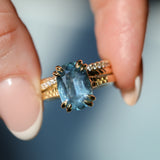 4.25ct Antique Style Elongated Cushion Untreated Montana Sapphire Vine Cathedral Four Prong Ring in 18k Yellow Gold