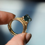 4.25ct Antique Style Elongated Cushion Untreated Montana Sapphire Vine Cathedral Four Prong Ring in 18k Yellow Gold