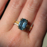 4.25ct Antique Style Elongated Cushion Untreated Montana Sapphire Vine Cathedral Four Prong Ring in 18k Yellow Gold