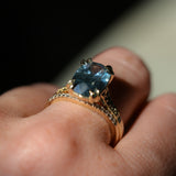 4.25ct Antique Style Elongated Cushion Untreated Montana Sapphire Vine Cathedral Four Prong Ring in 18k Yellow Gold
