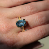 4.25ct Antique Style Elongated Cushion Untreated Montana Sapphire Vine Cathedral Four Prong Ring in 18k Yellow Gold