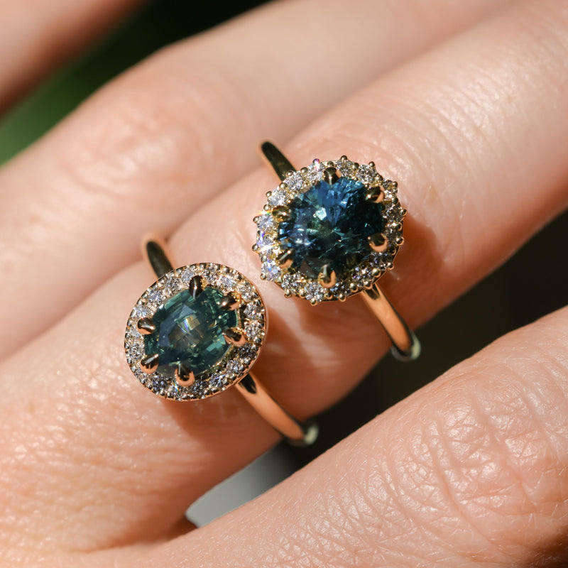 2.01ct Oval Untreated Madagascar Sapphire Six Prong Halo Stackable Ring in 14k Yellow Gold