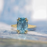 4.25ct Antique Style Elongated Cushion Untreated Montana Sapphire Vine Cathedral Four Prong Ring in 18k Yellow Gold