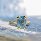 4.25ct Antique Style Elongated Cushion Untreated Montana Sapphire Vine Cathedral Four Prong Ring in 18k Yellow Gold