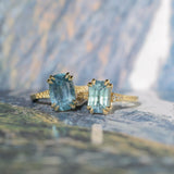 4.25ct Antique Style Elongated Cushion Untreated Montana Sapphire Vine Cathedral Four Prong Ring in 18k Yellow Gold