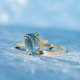 4.25ct Antique Style Elongated Cushion Untreated Montana Sapphire Vine Cathedral Four Prong Ring in 18k Yellow Gold