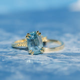 4.25ct Antique Style Elongated Cushion Untreated Montana Sapphire Vine Cathedral Four Prong Ring in 18k Yellow Gold