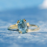 4.25ct Antique Style Elongated Cushion Untreated Montana Sapphire Vine Cathedral Four Prong Ring in 18k Yellow Gold