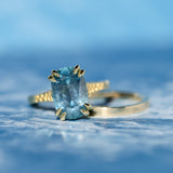 4.25ct Antique Style Elongated Cushion Untreated Montana Sapphire Vine Cathedral Four Prong Ring in 18k Yellow Gold