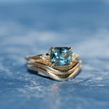 1.97ct East-West Cushion Cut Blue Sapphire and Princess Cut Diamond Rapids Low Profile Ring in 14k Yellow Gold