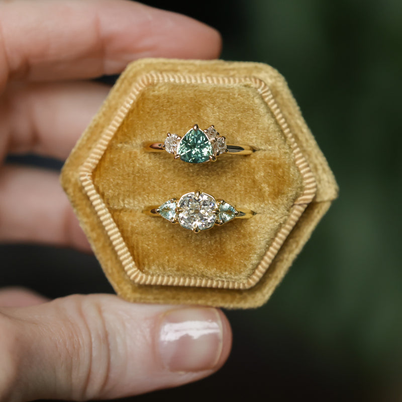 1.08ct Untreated Trillion Australian Sapphire and Antique Diamond Mountainscape Ring in 14k Yellow Gold