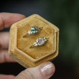 0.96ct Antique Old Mine Cut Diamond and Trillion Seafoam Montana Sapphire Antique Style Compass Set Low Profile Ring with Milgrain in 18k Yellow Gold