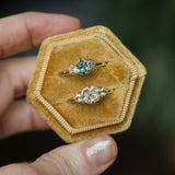 0.96ct Antique Old Mine Cut Diamond and Trillion Seafoam Montana Sapphire Antique Style Compass Set Low Profile Ring with Milgrain in 18k Yellow Gold