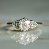 0.96ct Antique Old Mine Cut Diamond and Trillion Seafoam Montana Sapphire Antique Style Compass Set Low Profile Ring with Milgrain in 18k Yellow Gold