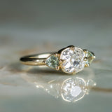 0.96ct Antique Old Mine Cut Diamond and Trillion Seafoam Montana Sapphire Antique Style Compass Set Low Profile Ring with Milgrain in 18k Yellow Gold