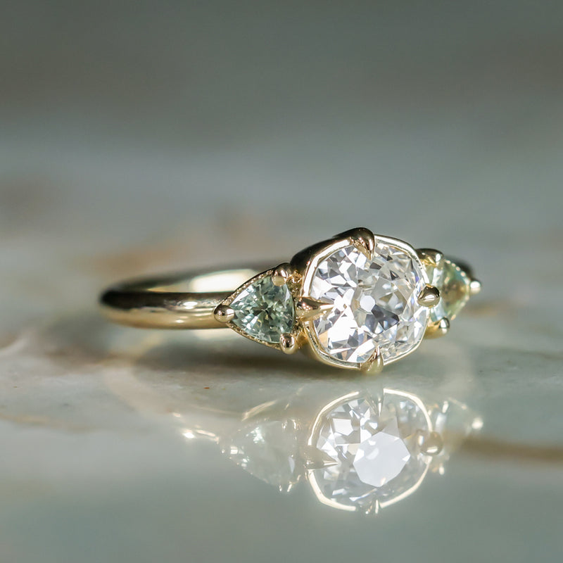 0.96ct Antique Old Mine Cut Diamond and Trillion Seafoam Montana Sapphire Antique Style Compass Set Low Profile Ring with Milgrain in 18k Yellow Gold