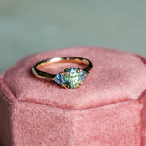 1.61ct Oval Madagascar Parti Sapphire and Trillion Sapphire Three Stone Low Profile Ring in 14k Yellow Gold