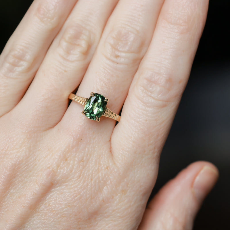 1.98ct Untreated Australian Elongated Cushion Cut Sapphire Vine Cathedral Four Prong Ring in 14k Yellow Gold