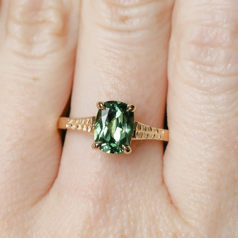 1.98ct Untreated Australian Elongated Cushion Cut Sapphire Vine Cathedral Four Prong Ring in 14k Yellow Gold