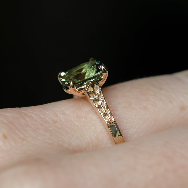 1.98ct Untreated Australian Elongated Cushion Cut Sapphire Vine Cathedral Four Prong Ring in 14k Yellow Gold