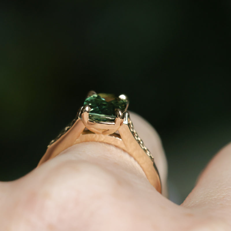 1.98ct Untreated Australian Elongated Cushion Cut Sapphire Vine Cathedral Four Prong Ring in 14k Yellow Gold