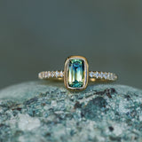 1.11ct Elongated Cushion Australian Parti Sapphire Low Profile Bezel Solitaire Ring with Pavé Set Diamonds in 14k Yellow Gold