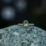 1.11ct Elongated Cushion Australian Parti Sapphire Low Profile Bezel Solitaire Ring with Pavé Set Diamonds in 14k Yellow Gold