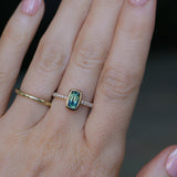 1.11ct Elongated Cushion Australian Parti Sapphire Low Profile Bezel Solitaire Ring with Pavé Set Diamonds in 14k Yellow Gold