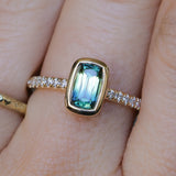 1.11ct Elongated Cushion Australian Parti Sapphire Low Profile Bezel Solitaire Ring with Pavé Set Diamonds in 14k Yellow Gold