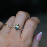 1.11ct Elongated Cushion Australian Parti Sapphire Low Profile Bezel Solitaire Ring with Pavé Set Diamonds in 14k Yellow Gold