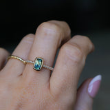 1.11ct Elongated Cushion Australian Parti Sapphire Low Profile Bezel Solitaire Ring with Pavé Set Diamonds in 14k Yellow Gold