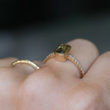 1.11ct Elongated Cushion Australian Parti Sapphire Low Profile Bezel Solitaire Ring with Pavé Set Diamonds in 14k Yellow Gold