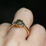 1.61ct Oval Madagascar Parti Sapphire and Trillion Sapphire Three Stone Low Profile Ring in 14k Yellow Gold