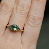 1.61ct Oval Madagascar Parti Sapphire and Trillion Sapphire Three Stone Low Profile Ring in 14k Yellow Gold