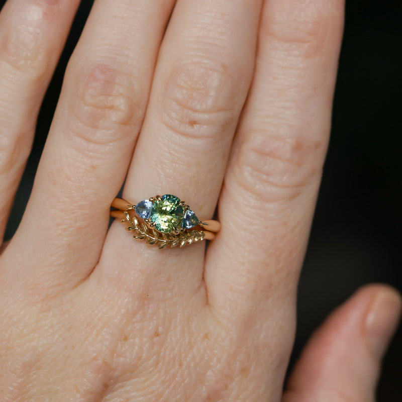 1.61ct Oval Madagascar Parti Sapphire and Trillion Sapphire Three Stone Low Profile Ring in 14k Yellow Gold