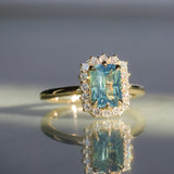 1.70ct Untreated Radiant Cut Vibrant Teal Green Sapphire Antique-Style Diamond Halo Ring in 14 Yellow Gold