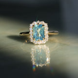 1.70ct Untreated Radiant Cut Vibrant Teal Green Sapphire Antique-Style Diamond Halo Ring in 14 Yellow Gold