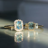 1.70ct Untreated Radiant Cut Vibrant Teal Green Sapphire Antique-Style Diamond Halo Ring in 14 Yellow Gold