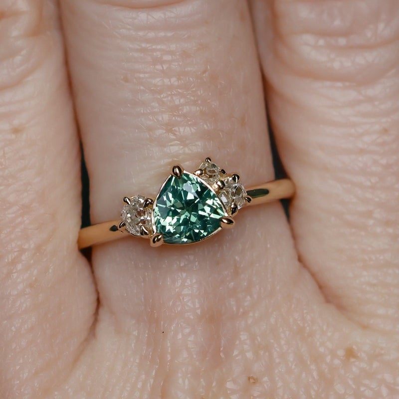 1.08ct Untreated Trillion Australian Sapphire and Antique Diamond Mountainscape Ring in 14k Yellow Gold