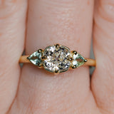 0.96ct Antique Old Mine Cut Diamond and Trillion Seafoam Montana Sapphire Antique Style Compass Set Low Profile Ring with Milgrain in 18k Yellow Gold