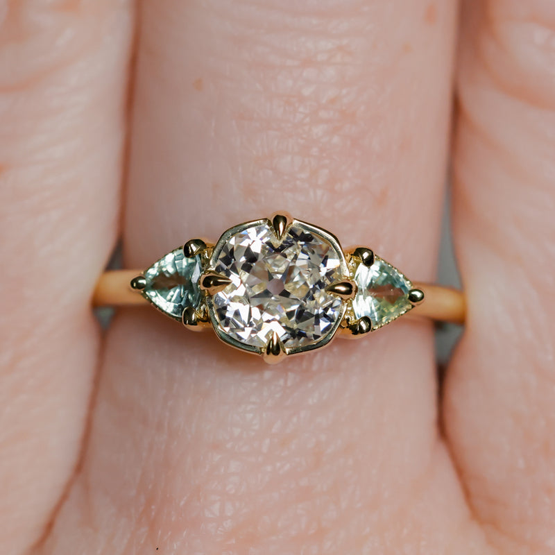 0.96ct Antique Old Mine Cut Diamond and Trillion Seafoam Montana Sapphire Antique Style Compass Set Low Profile Ring with Milgrain in 18k Yellow Gold