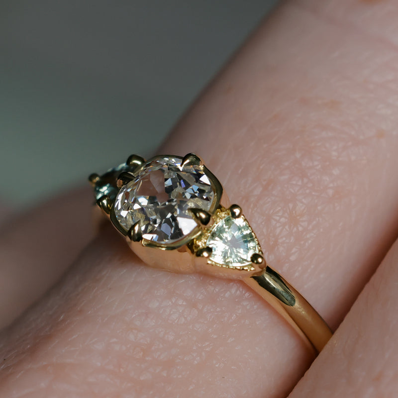 0.96ct Antique Old Mine Cut Diamond and Trillion Seafoam Montana Sapphire Antique Style Compass Set Low Profile Ring with Milgrain in 18k Yellow Gold