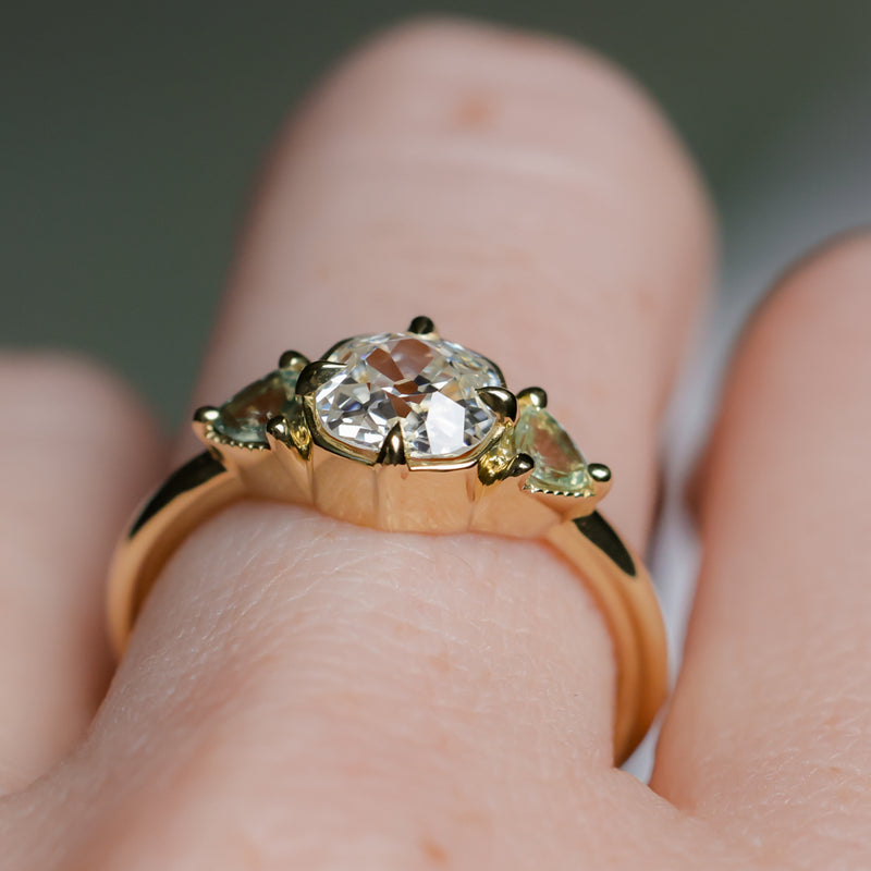 0.96ct Antique Old Mine Cut Diamond and Trillion Seafoam Montana Sapphire Antique Style Compass Set Low Profile Ring with Milgrain in 18k Yellow Gold