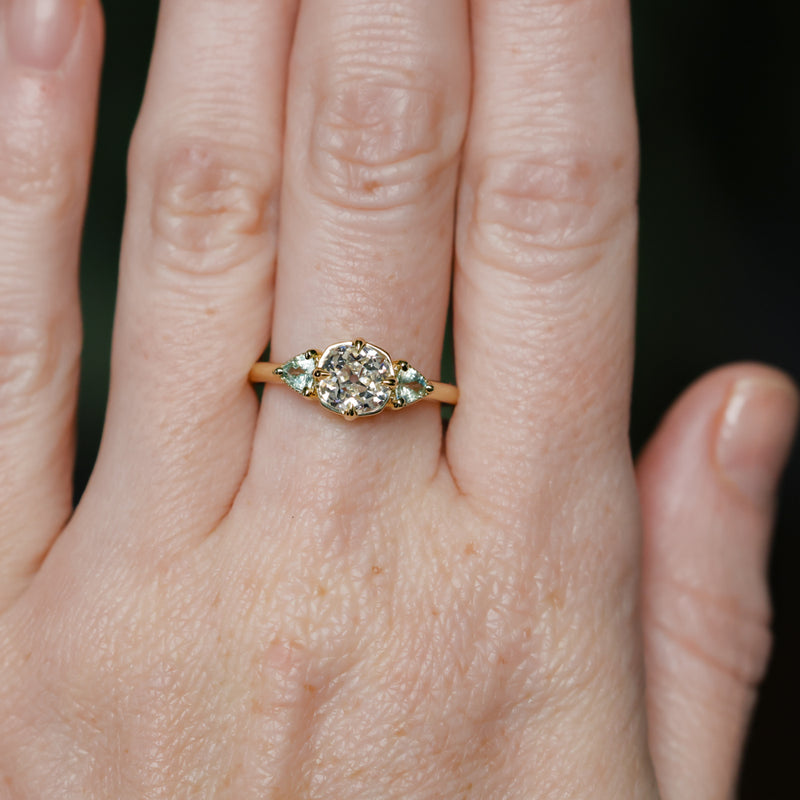 0.96ct Antique Old Mine Cut Diamond and Trillion Seafoam Montana Sapphire Antique Style Compass Set Low Profile Ring with Milgrain in 18k Yellow Gold