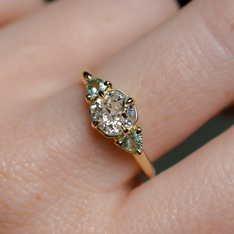 0.96ct Antique Old Mine Cut Diamond and Trillion Seafoam Montana Sapphire Antique Style Compass Set Low Profile Ring with Milgrain in 18k Yellow Gold