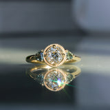 1.05ct GIA Antique Old European Cut Diamond and Trillion Madagascar Sapphire Antique Style Compass Set Low Profile Ring with Milgrain in 18k Yellow Gold