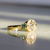 1.05ct GIA Antique Old European Cut Diamond and Trillion Madagascar Sapphire Antique Style Compass Set Low Profile Ring with Milgrain in 18k Yellow Gold